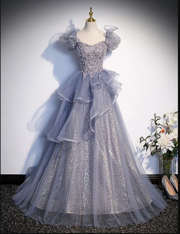 Clearance Sale, All Cheap Ball Gown Quinceanera Dresses Princess Dress Performance Floor Length Short Sleeve Square Neck Tulle with Crystals Ruffles