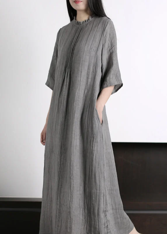 Trendy Clothing Sale Brief Grey Ruffled Wrinkled Vacation Ramie Maxi Dresses Half Sleeve