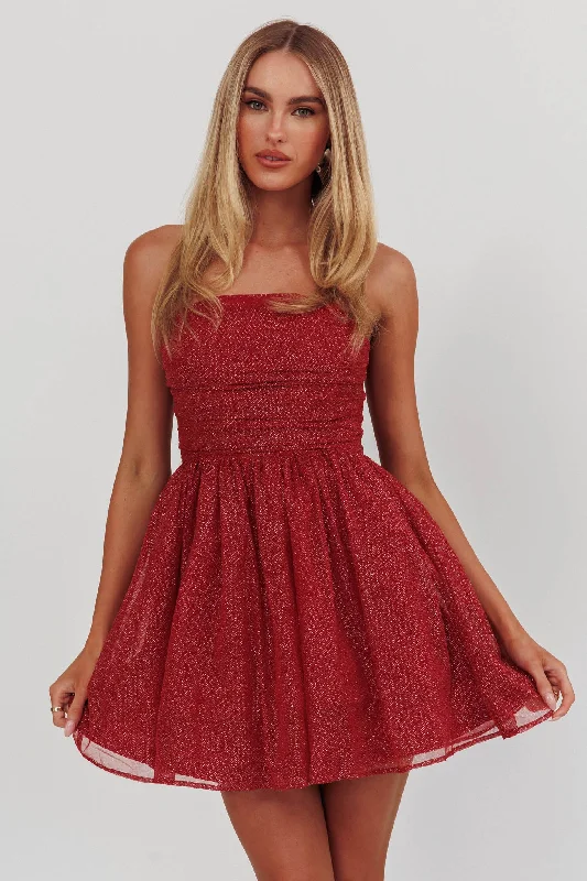 Dreamy Draping Guilty Pleasure Strapless Glitter Mini Dress Red