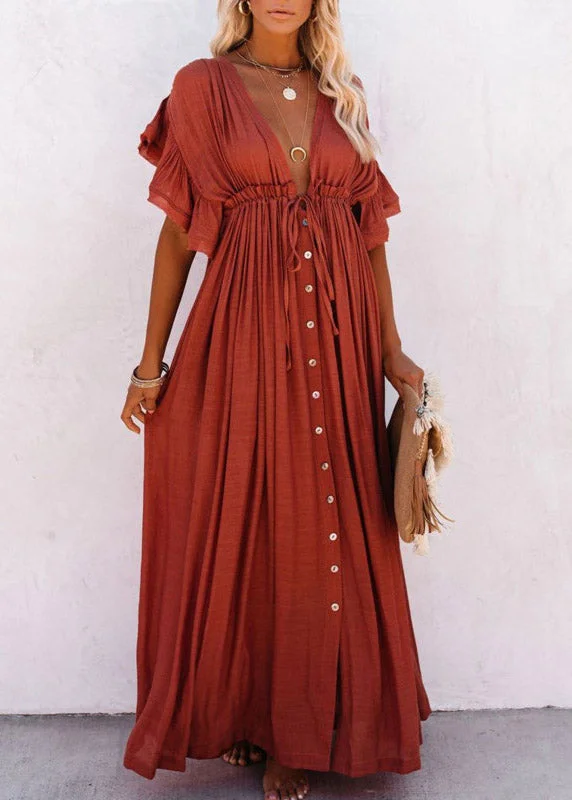 Stay Ahead In Style Red V Neck Button Maxi Dresses Short Sleeve