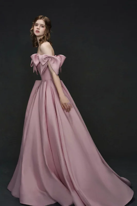 Feminine Elegance Unique Design Pink Bow Satin Long Prom Dress Princess Dress  10585