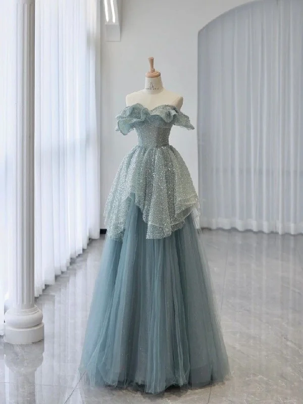 New Arrivals Blue Off Shoulder A-Line Tulle Sequins Long Formal Prom Dress Evenign Gown MD7520