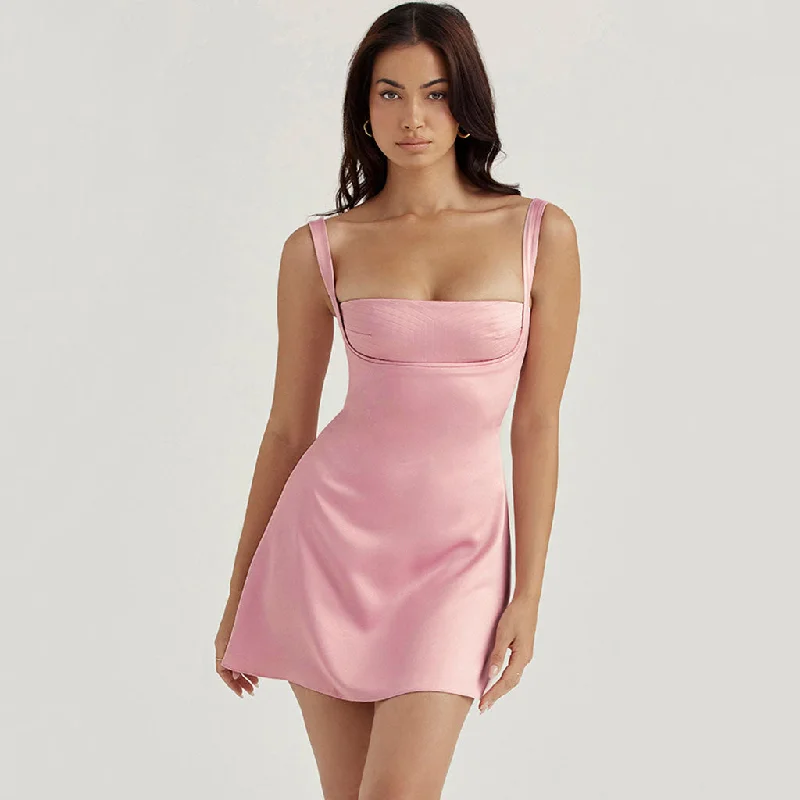 Relaxed Style Sweet Square Neck Suspender Strap Satin Mini Dress - Pink