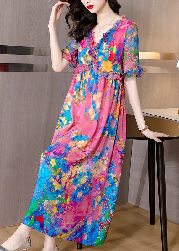 Minimalist Chic Natural V Neck Ruffled Print Silk Holiday Maxi Dress Short Sleeve