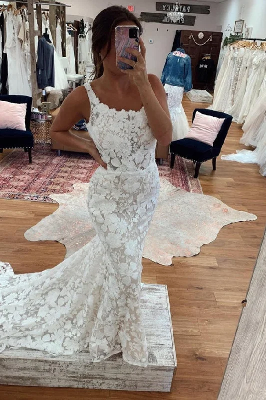 Trendy Street Style Attire Gorgeous Mermaid Lace Square Neck White Lace Wedding Dresses N136