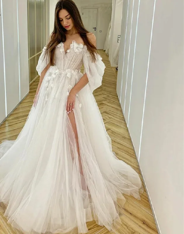 Trendsetter's Closet Wedding Dresses Fairy Sweetheart Neck Boho Bride Dresses 3D Flowers Puff Sleeve Elegant Wedding Gowns suknia ślubna Bridal Gown