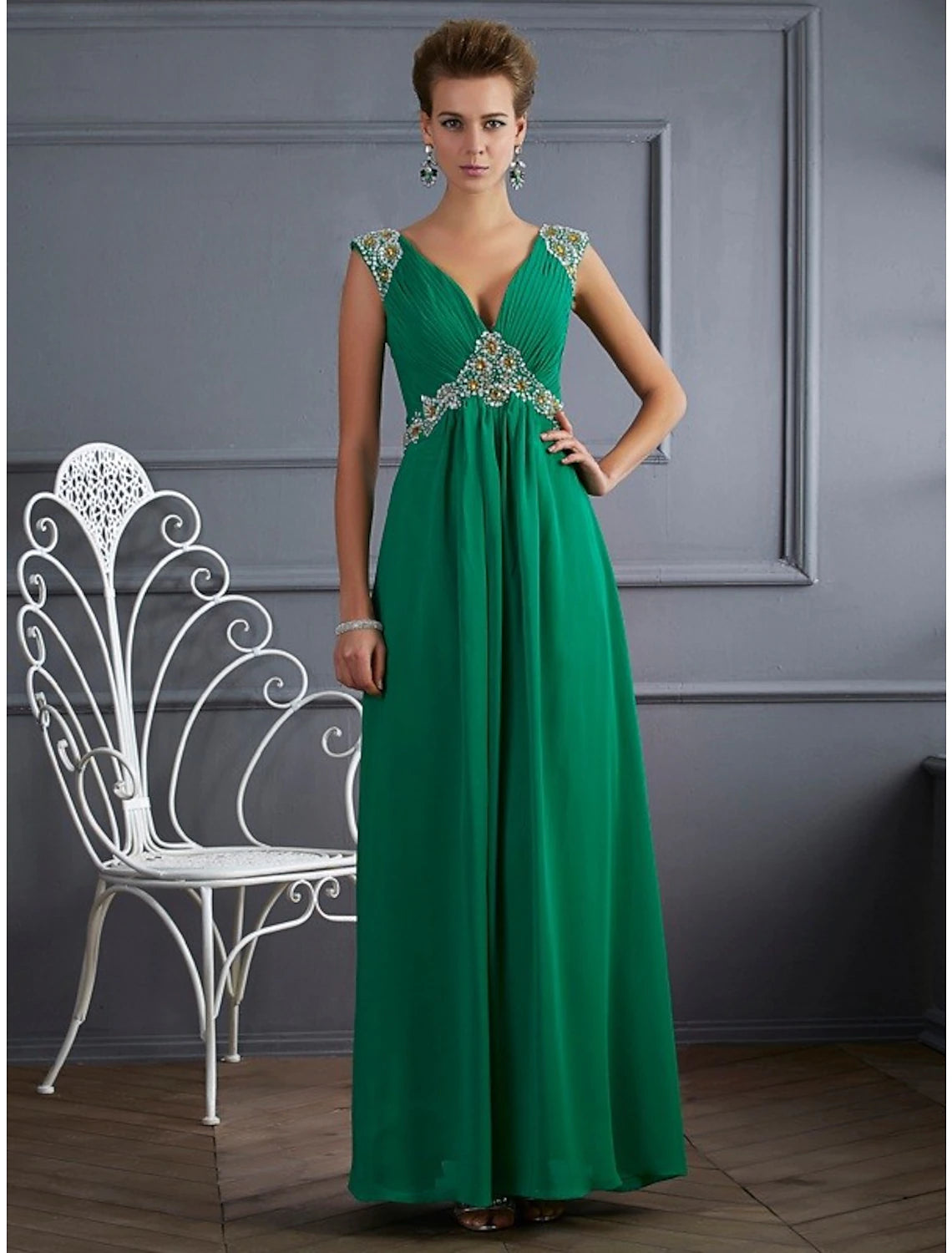 Elegant Style A-Line Evening Gown Sparkle & Shine Dress Formal Floor Length Sleeveless V Neck Chiffon with Rhinestone Ruched