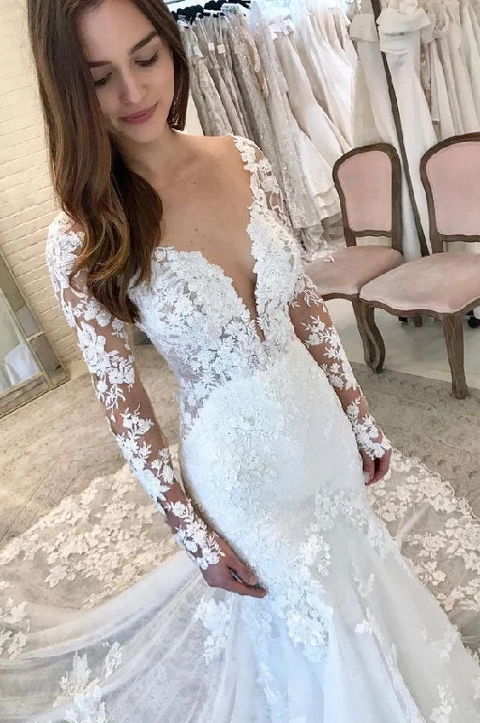 Huge Markdowns Elegant Mermaid Long Sleeve Lace Wedding Dresses with Appliques N116