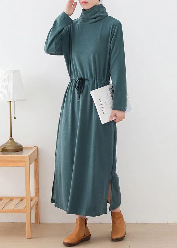 Trendy Street Style Organic high neck drawstring outfit Photography green Maxi Dresses