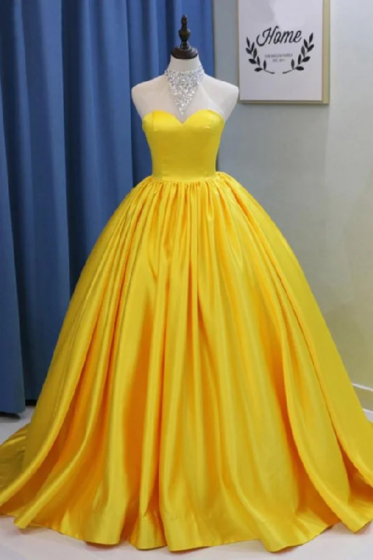 Elevate Your Wardrobe Yellow Ball Gown High Neck Prom Dress with Beading, Long Halter Quinceanera Dress M1553