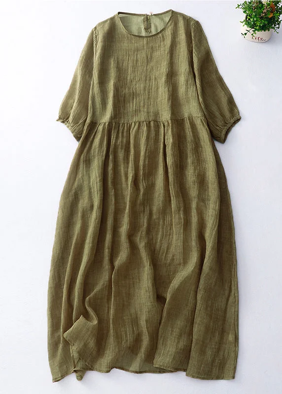 Shop Our Looks Cute Green O-Neck Patchwork Solid Linen Maxi Dress Short Sleeve