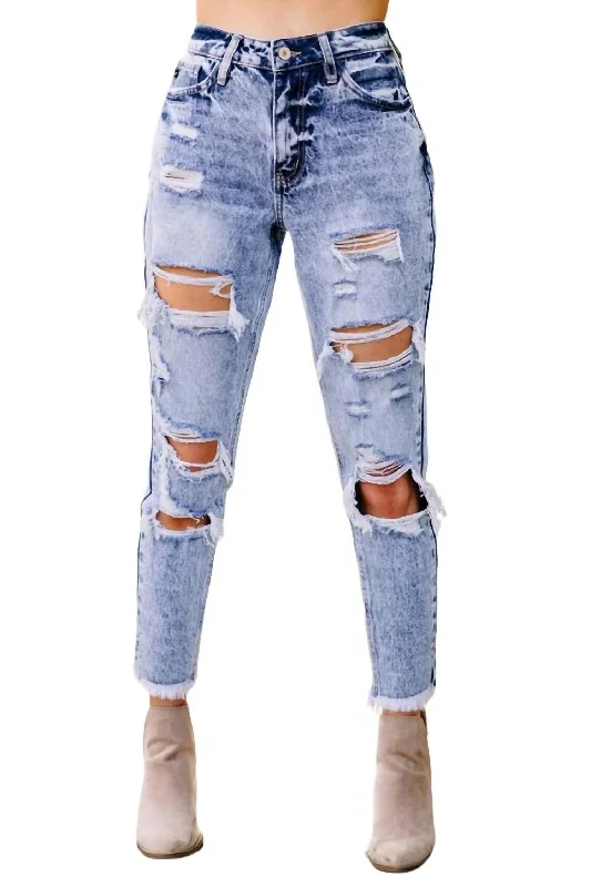 Premium Quality Garments Distressed Mom Jeans In Medium Wash