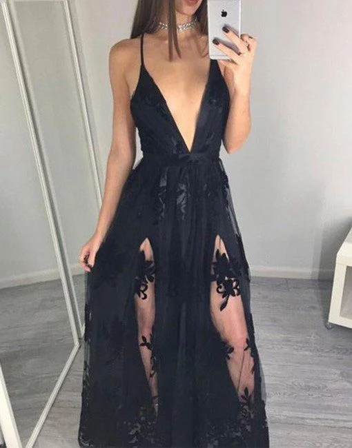 Vibrant Femme Fashion Sexy Prom Dress,Black Deep V Neck Prom Dress,Lace Evening Dress,Sleeveless Evening Party Dress  gh1036