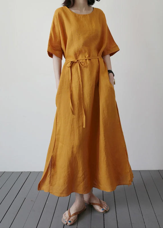 Wardrobe Refresh Yellow Side Open Solid Holiday Maxi Dress Short Sleeve