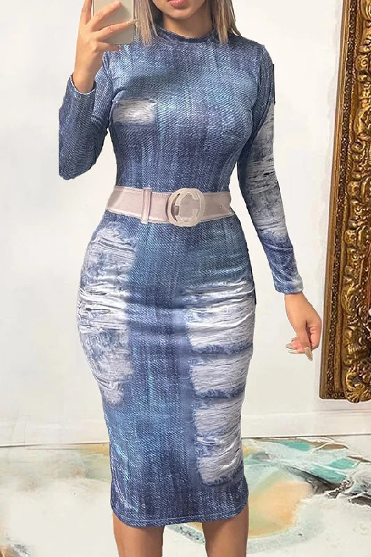 Lightweight Fabric Imitation Denim Print Round Neck On-trend Midi Dress