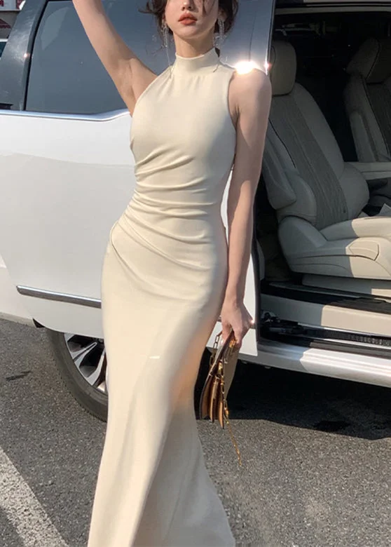 Fashion Deal Style Beige Turtleneck Solid Slim Maxi Dress Summer