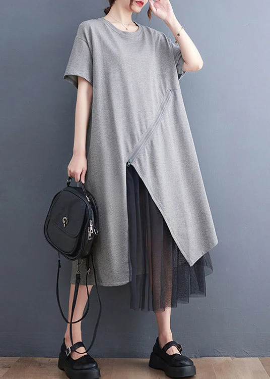 Weekend Exclusive Plus Size Grey Asymmetrical Tulle Patchwork Solid Maxi Dress Summer