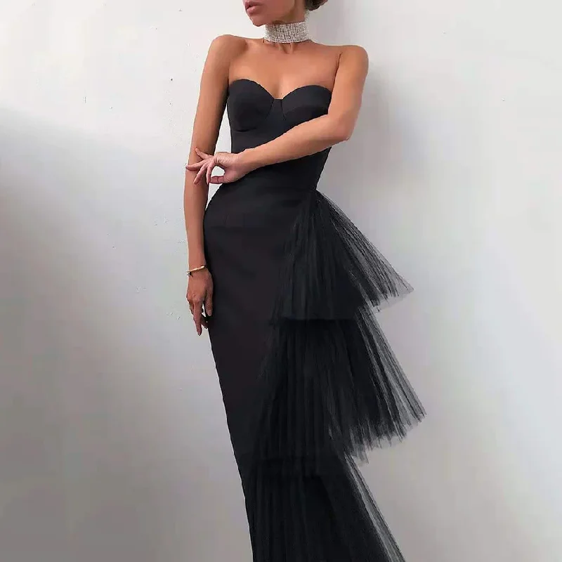 Trendsetting Threads Sexy Satin Black/White Evening Dress Mermaid Strapless Tiered Off Shoulder Sleeveless Girl Formal Prom Dress gh2122