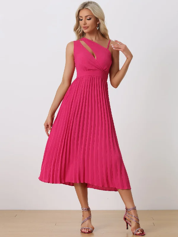 Feminine Soft - Hued Look One Shoulder Pleated Sleeveless Elastic Waist Party Cocktail Dress