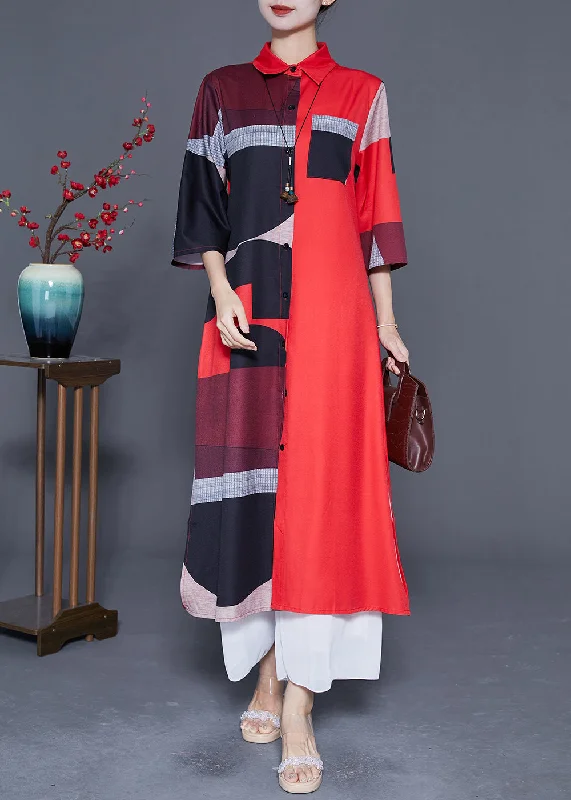 Gift Ideas Plus Size Red Asymmetrical Print Silk Maxi Dress Summer