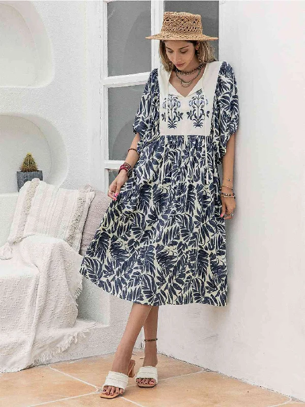 Limited Time Offer Printed Tie Neck Midi Dress