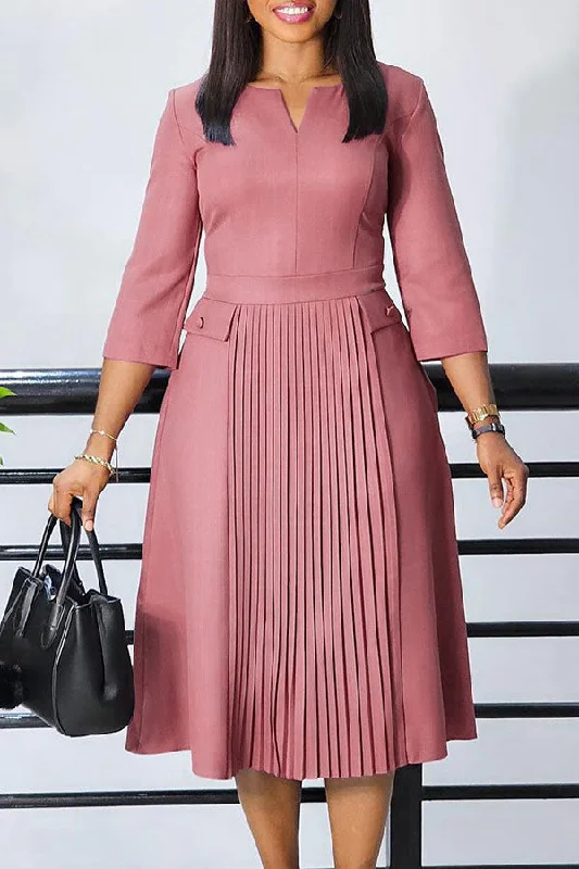 Elegant Details Solid Color V Neck Commuting Pleated Midi Dress