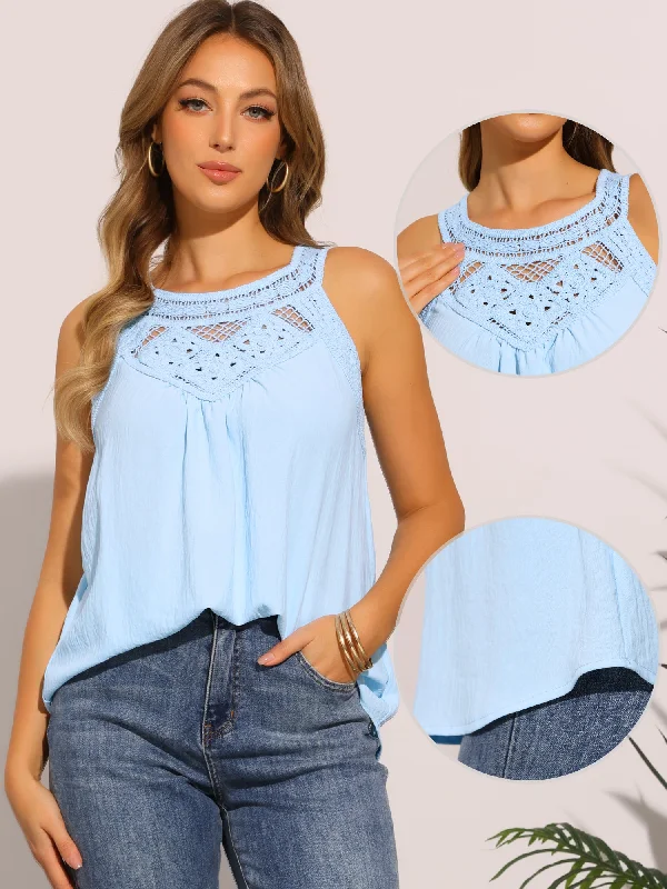 Contemporary Elegance Lace Crochet Sleeveless Solid Color Blouse