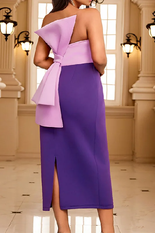 Best Sellers Color Block Strapless Rocking Back Bow Midi Dress