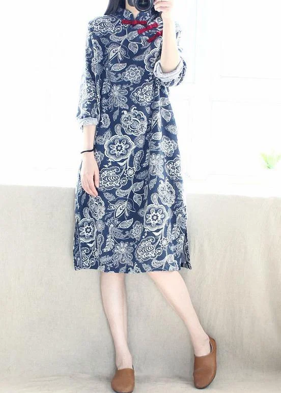 Chic & Cozy Apparel French Blue Folk Style Quilting Dresses Stand Collar Side Open Maxi Dresses