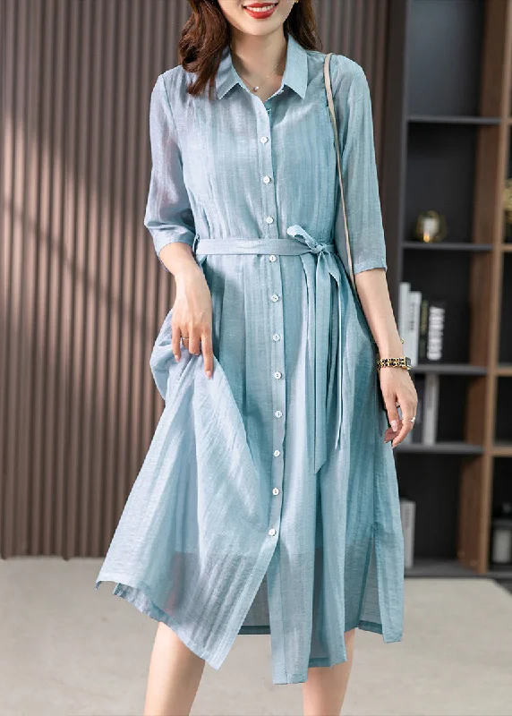 Refined Look Elegant Light Blue Peter Pan Collar Tie Waist Solid Linen Maxi Dresses Summer