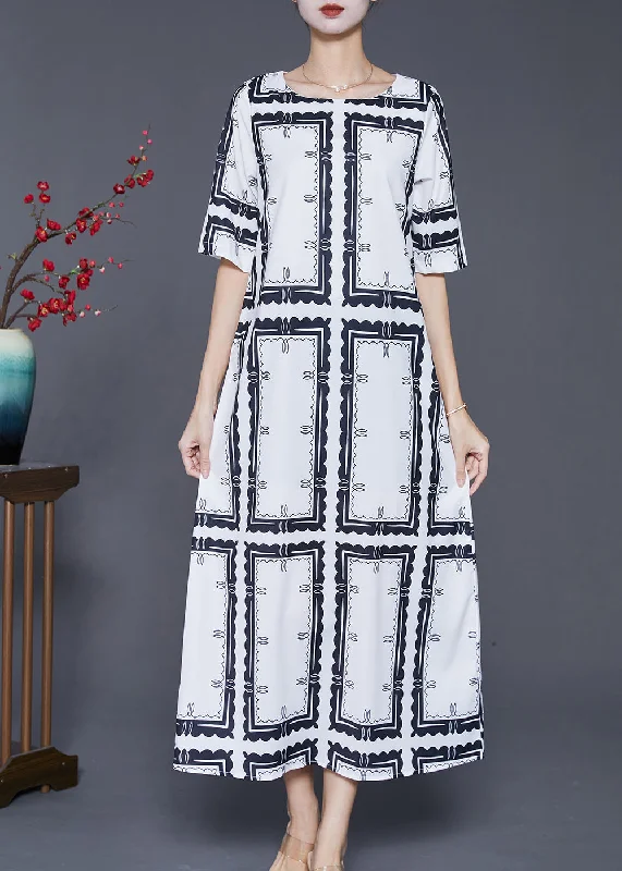 Limited - Edition Drops Natural White Square Collar Print Silk Maxi Dress Summer