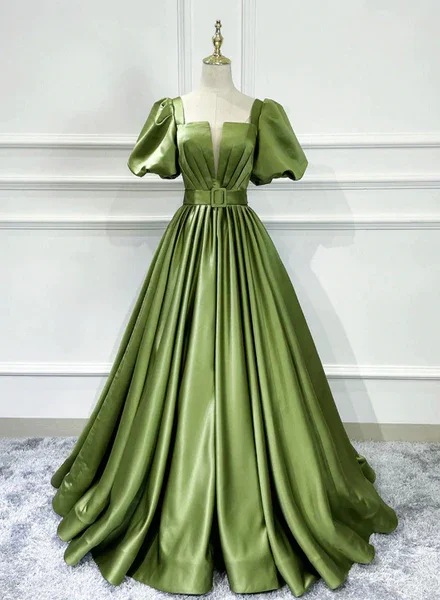 Urban Sophistication Green Satin Short Sleeves Long Evening Party Dresses, Green Formal Party Dresses gh0002