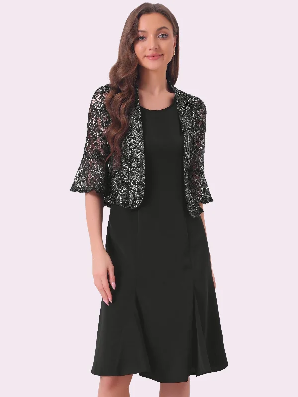 Clearance Event 2 Pieces 3/4 Bell Sleeve Lace Cropped Shrug and Sleeveless Midi Fishtail Party Dress Sets