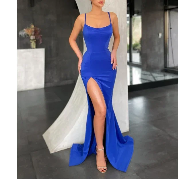 Timeless Elegance Redefined Sexy Royal Blue Elastic Satin Prom Dresses, Side Slit Prom Dresses  gh2094