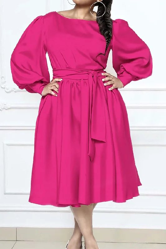 Style Without Limits Solid Color Puff Sleeve Elegant Belted A-Line Midi Dress