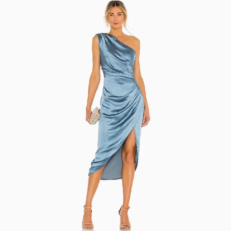 Budget-Friendly Fashion Silky High Slit Ruched One Shoulder Satin Cocktail Midi Dress - Blue