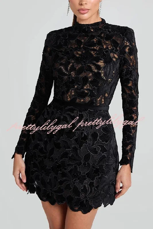 Trendy New Clothes Lydia Embroidered Floral Lace Long Sleeve Belt Tulip Shaped Mini Dress