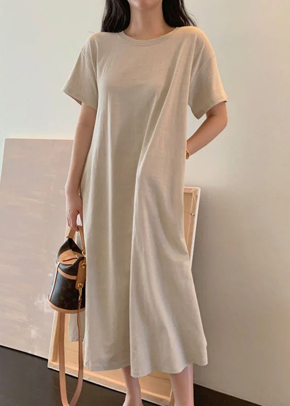 Women's Fashion Hotspots Boho Beige Loose Cotton Maxi Dress Short Sleeve