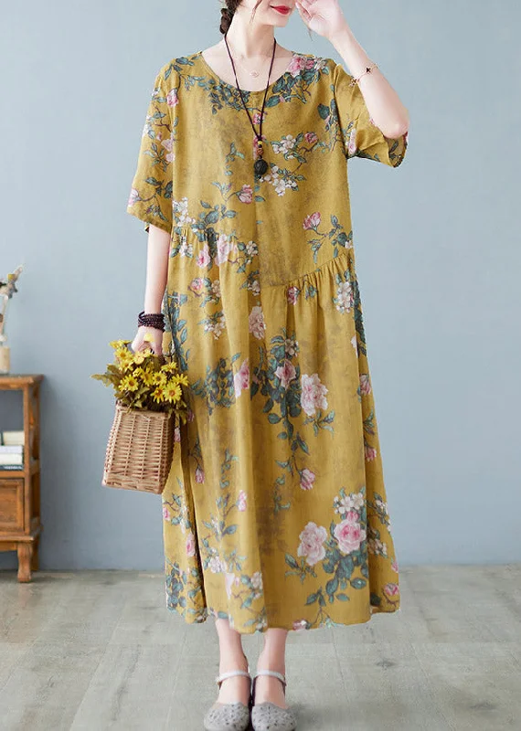 Additional Time-Limited Offers Plus Size Yellow O-Neck Print Maxi Dress Summer