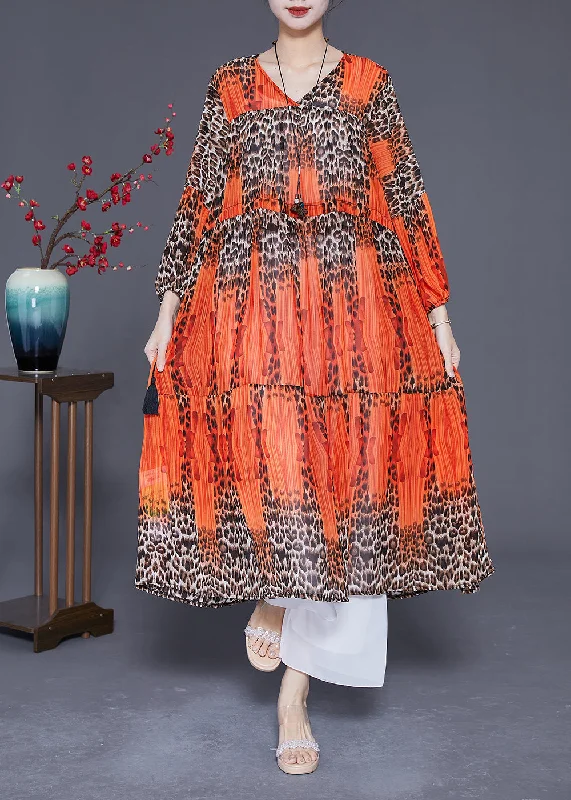 Chic Trend Collection Orange Leopar Print Chiffon Maxi Dress Drawstring Exra Large Hem Summer