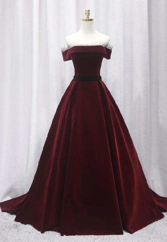 Save Big Burgundy velvet long prom gown formal dress  M650