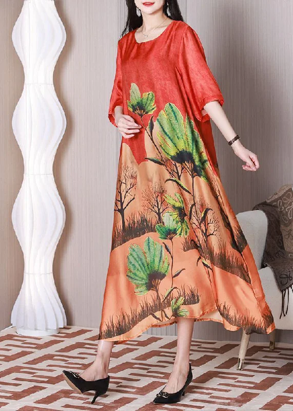 Trend Setting Wardrobe Bohemian Red Oversized Print Silk Maxi Dresses Half Sleeve