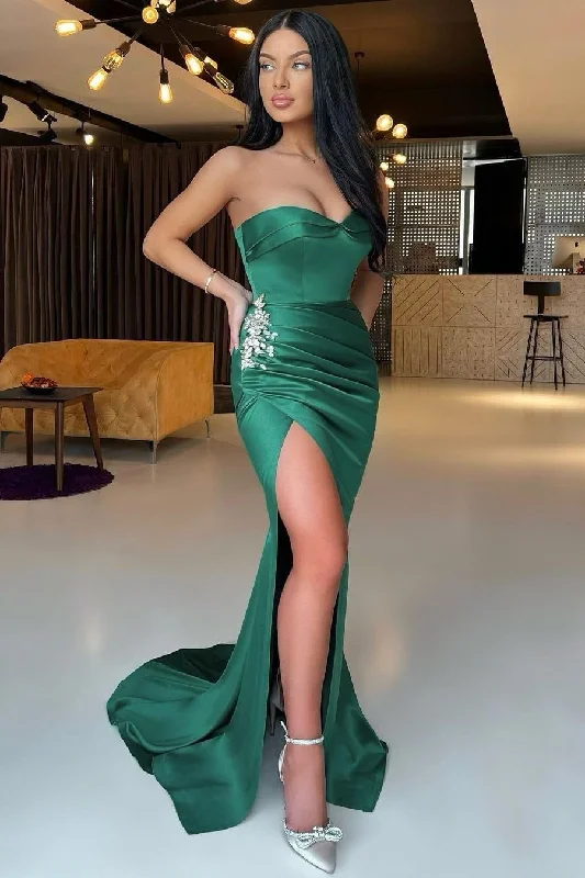 Relaxed Style Emerald Green Sweetheart Sleeveless Mermaid Prom Dress Split With Rhinestones  gh725