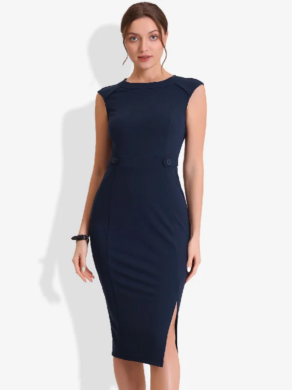 Graceful Movement Round Neck Slim Fit Sleeveless Split Work Pencil Sheath Dress