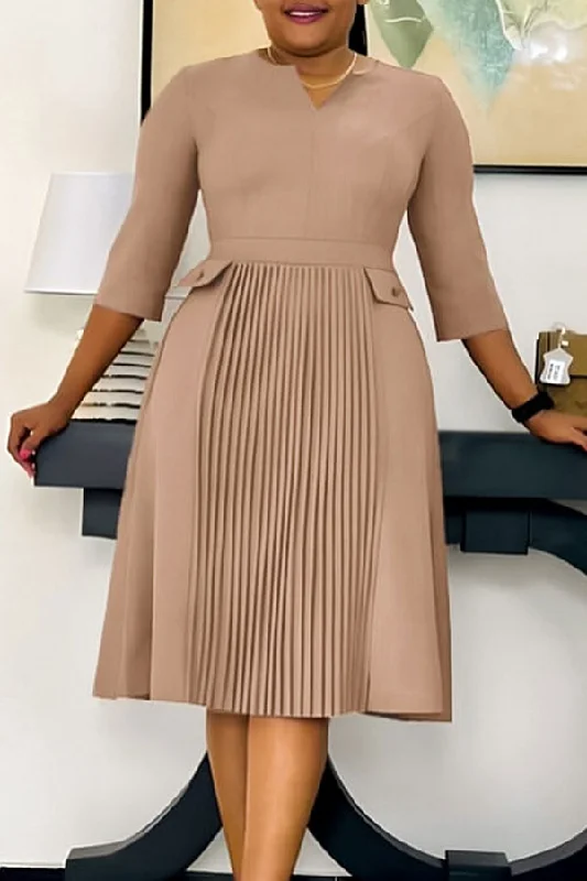 Ethnic Cultural Event Wear Solid Color V Neck Modern Pleated Midi Dress