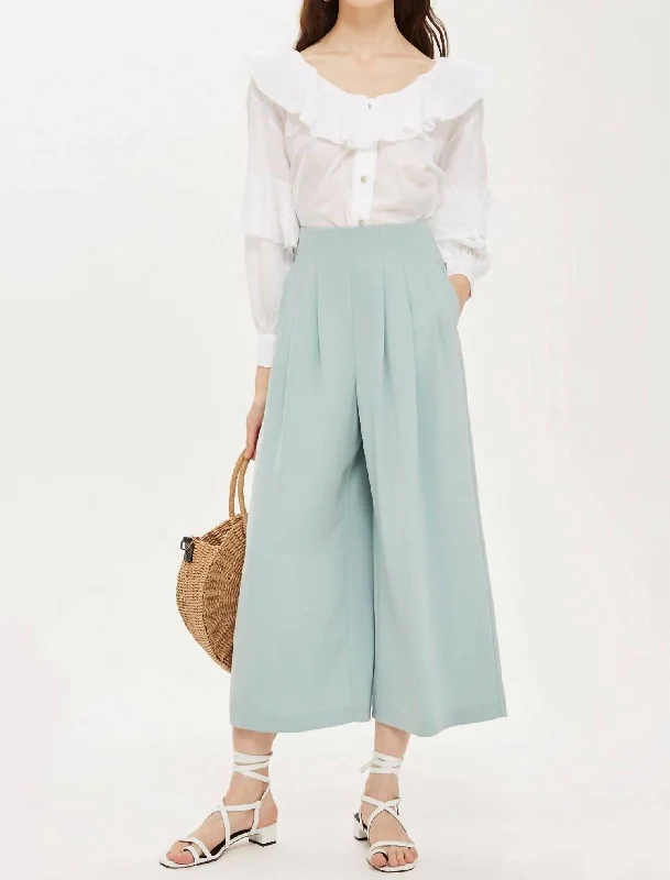 Relaxed Fashion Crepe High Rise Pleated Wide Leg Cropped Pants In Green