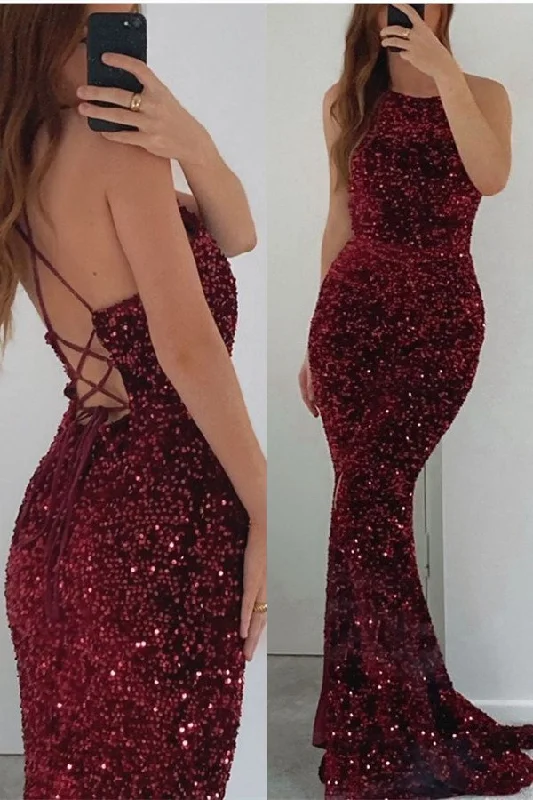 Trendy Fashion For Women Burgundy Sleeveless Mermaid Prom Dress With Sequins  gh768