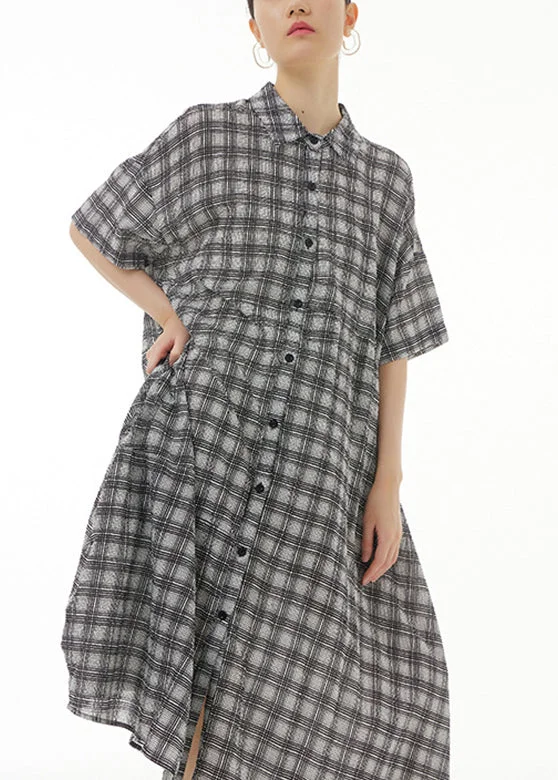 Sleek Design Plus Size Black Plaid Button Cotton Maxi Dresses Summer