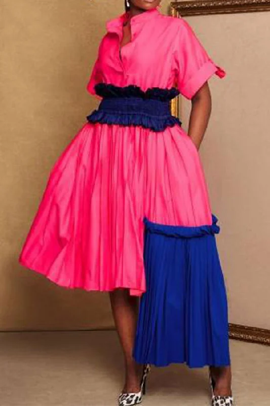 Additional Time-Limited Offers Hit Color Patchwork Chic Pleated Irregular Midi Dress