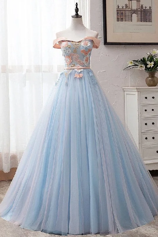 Wardrobe Refresh Light Blue Off Shoulder Floor Length Tulle Prom Gown with Appliques, Puffy Long Evening Dress M1865